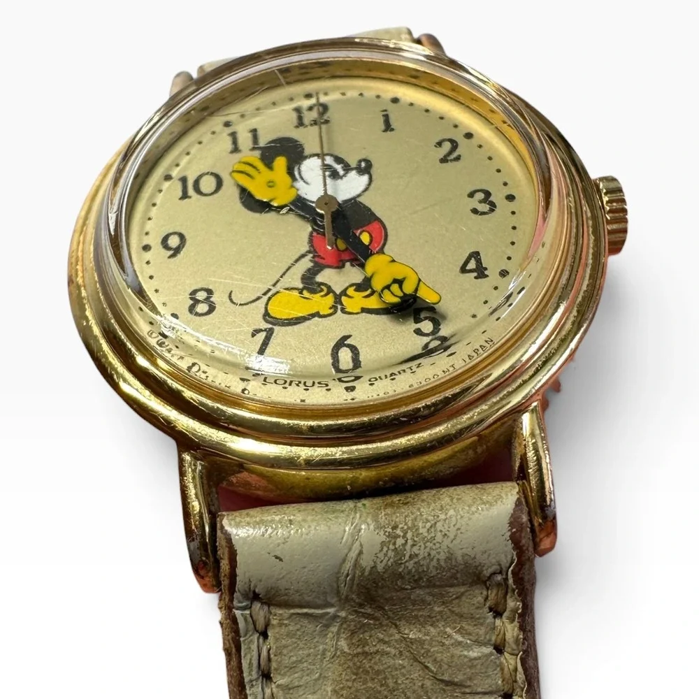 Lorus Mickey Mouse Watch Gold Tone Y481-1190 Beige Leather Works!